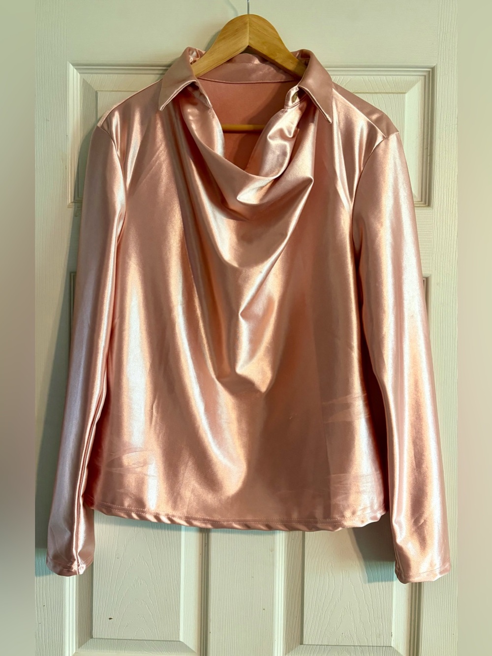Draped Collar Satin Blouse - Light Pink